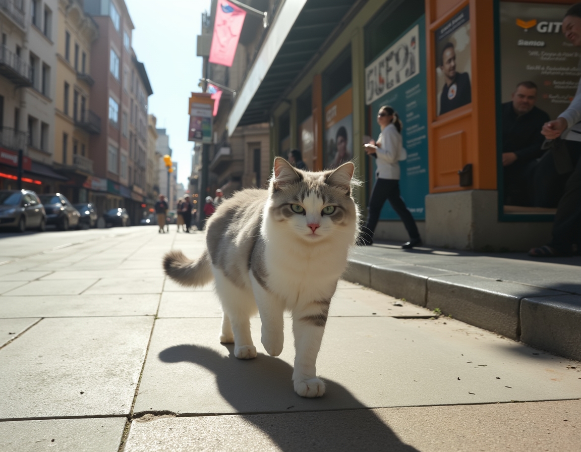 Cat strolls down a city sidewalk, confidently navigating the vibrant cityscape.